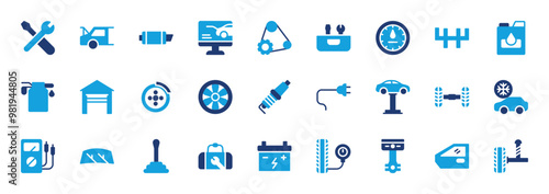 Automobile repair shop set of blue icons. Automobile repair shop icon. Repair Tool, Car Engine, Exhaust, Tool Box, Garage, Car lift, Gauge, Pump, Fan, Plug, Trunk Open, Monitor vector illustration.