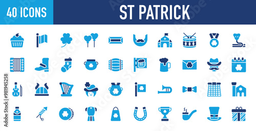 Set of 40 St Patrick icons. St Patrick web icon in life style. Country Flag, Trophy, Muffin, Clover, Beard, Heart Balloon, Church, Medal, Snake, Accordion. Icon collection. Vector illustration. 