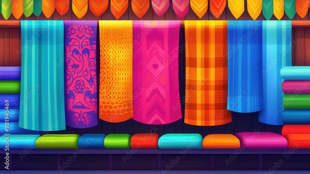 Market bazaar with vibrant fabrics, flat design, front view, exotic theme, animation, Split-complementary color scheme Market bazaar with vibrant fabrics, flat design, front view, exotic theme, animation, Split-complementary color scheme