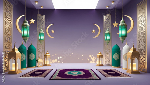 A beautifully decorated prayer space with Islamic lanterns, crescent moons, stars, and intricate arches, adorned with elegant prayer rugs, reflecting a serene Ramadan ambiance. photo