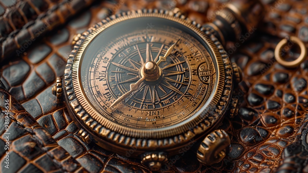 Obraz premium Vintage Brass Compass on Leather Background