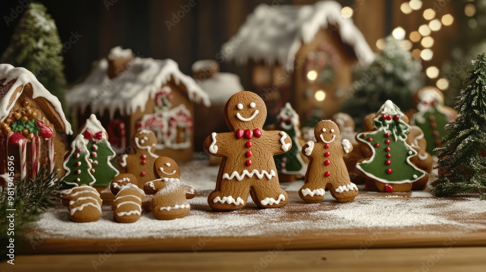 Gingerbread cookies arranged in a festive scene for Christmas celebration