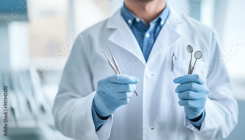 Dental professional holding tools in a clinic setting, symbolizing dental care and hygiene