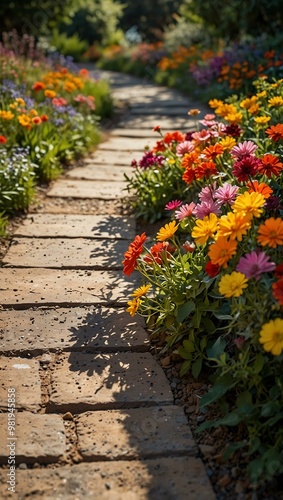 Vibrant pathway surrounded by colorful flowers in soft sunlight.