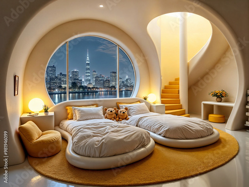 Cozy futuristic  bedroom interior . Generative AI