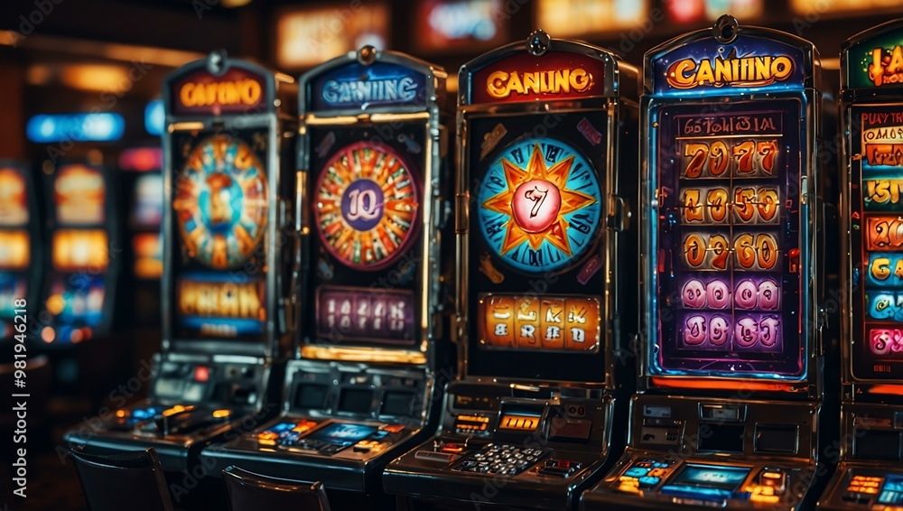 Vibrant slot machine with winning symbols in a casino Vibrant slot machine with winning symbols in a casino