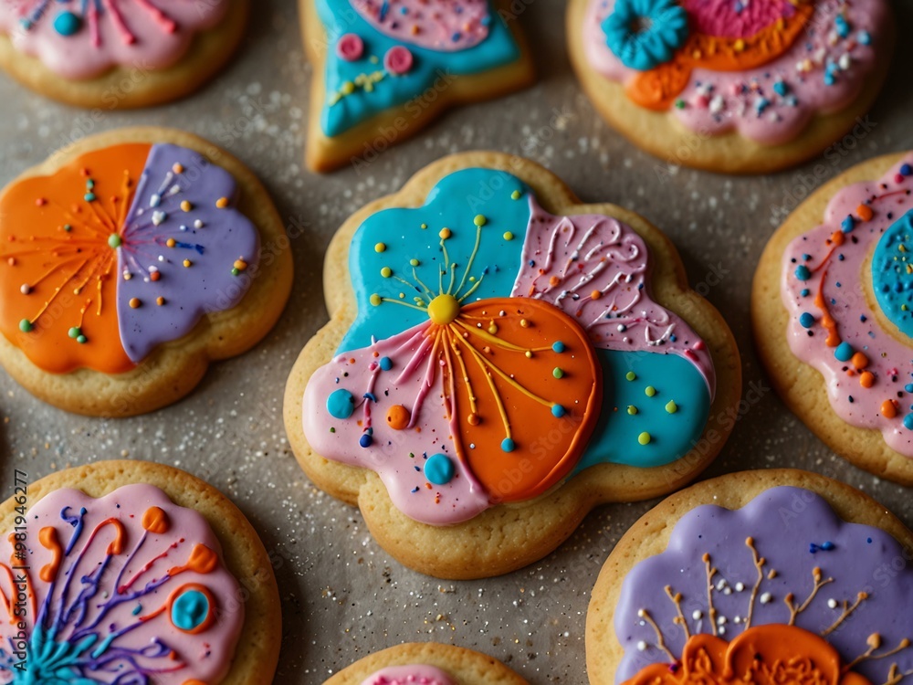 Vibrant sugar cookies with whimsical designs on a sprinkle-covered backdrop. Vibrant sugar cookies with whimsical designs on a sprinkle-covered backdrop.