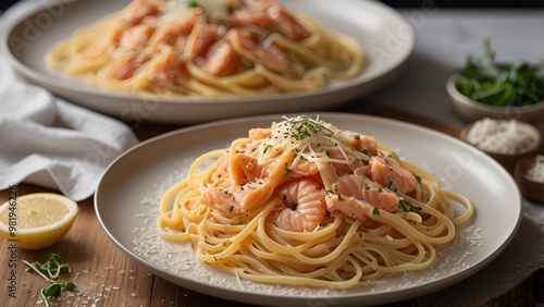 luscious plate of cooked salmon carbonara spaghetti, topped with a generous sprinkle of grated cheese. The dish is delicately arranged on a pristine white plate, resting on a polished wooden table. 