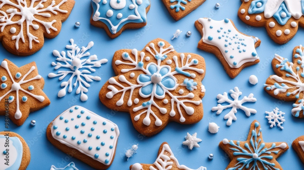 Iced decorated cookies, christmas bakery in blue and white, delicious gingerbread traditional, seasonal cookie on xmas background. Card. Iced decorated cookies, christmas bakery in blue and white, delicious gingerbread traditional, seasonal cookie on xmas background. Card.