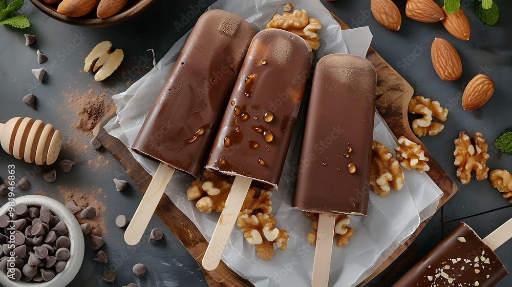 Popsicles coated in chocolate and containing honey and nuts