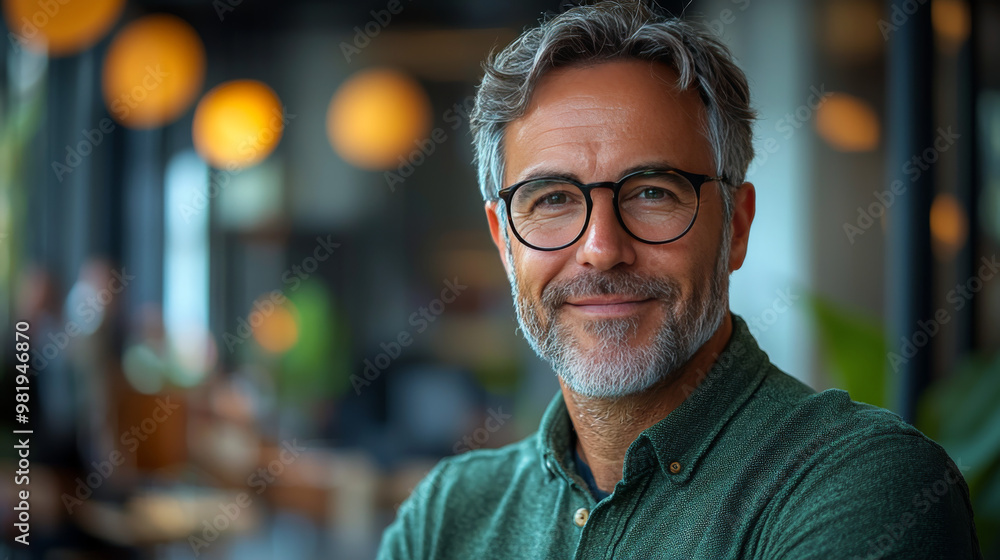 Smiling middle-aged man wearing glasses in a cafe. Smiling middle-aged man wearing glasses in a cafe.