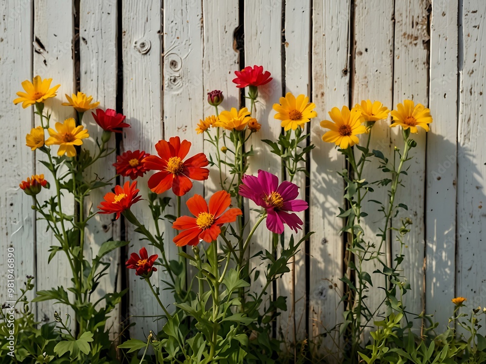 Vibrant wildflowers against a white wooden fence.