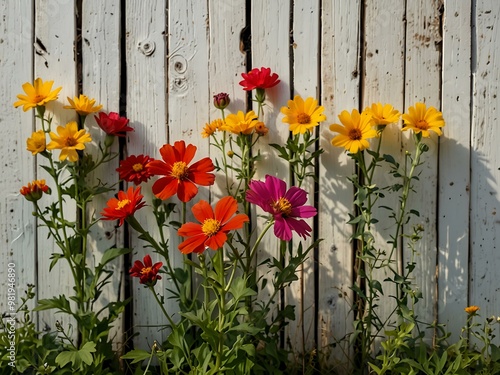 Obraz na płótnie Vibrant wildflowers against a white wooden fence. w salonie