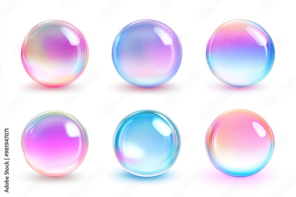 Six iridescent spheres, rendered in a realistic style, with soft shadows. They are isolated on a white background. Six iridescent spheres, rendered in a realistic style, with soft shadows. They are isolated on a white background.
