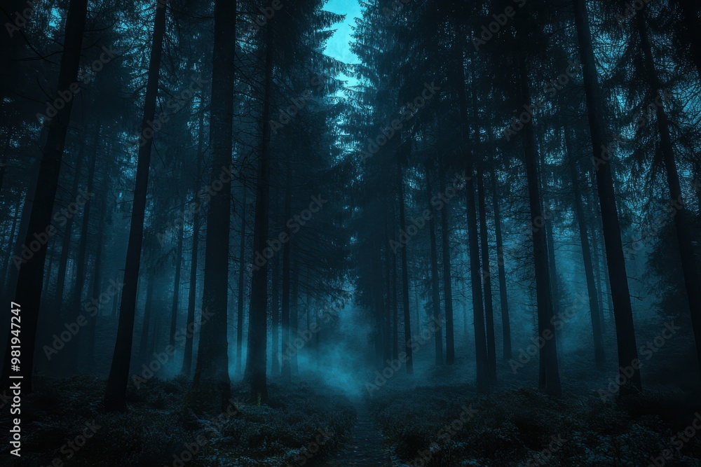 Fototapeta premium Spooky Forest with Tall Trees in Blue Tones