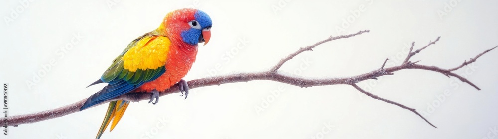 Obraz premium Vibrant Parrot Perched on Branch, A striking full-body portrait of a colorful parrot showcasing its vivid feathers against a clean white backdrop, emphasizing the bird's beauty and grace.