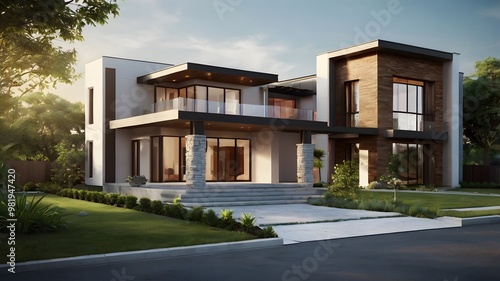 A breathtaking 3d render of a luxurious modern country home set against a brilliant blue sky background.