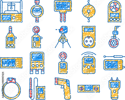measuring equipment doodle icons set vector. sketch line art measuring temperature and weight, distance and water ph gadget, accelerometer and planimeter color illustrations