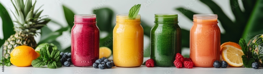 Vibrant Tropical Smoothie Portrait, a full-body depiction of a colorful smoothie set against a lush tropical backdrop, highlighting freshness and vibrancy in a clean presentation Vibrant Tropical Smoothie Portrait, a full-body depiction of a colorful smoothie set against a lush tropical backdrop, highlighting freshness and vibrancy in a clean presentation