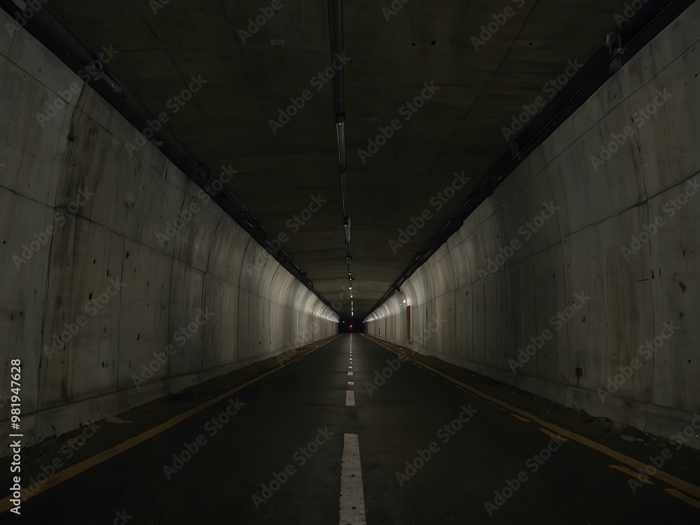 View of a completed tunnel with smooth concrete walls stretching into darkness. View of a completed tunnel with smooth concrete walls stretching into darkness.