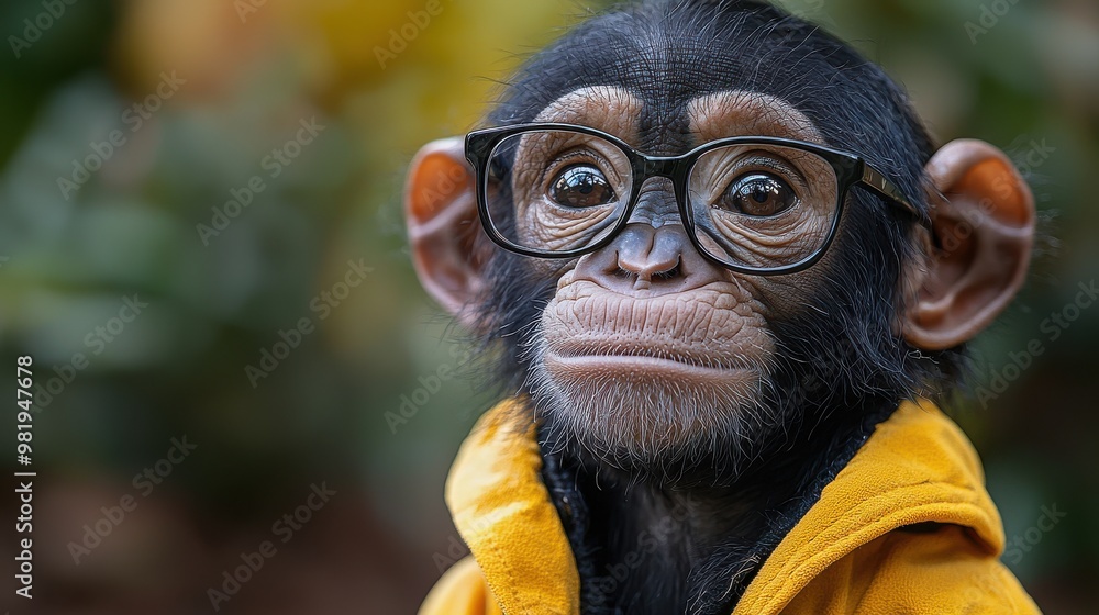 A young monkey in glasses wearing a yellow hoodie poses thoughtfully against a vibrant background in an outdoor setting A young monkey in glasses wearing a yellow hoodie poses thoughtfully against a vibrant background in an outdoor setting