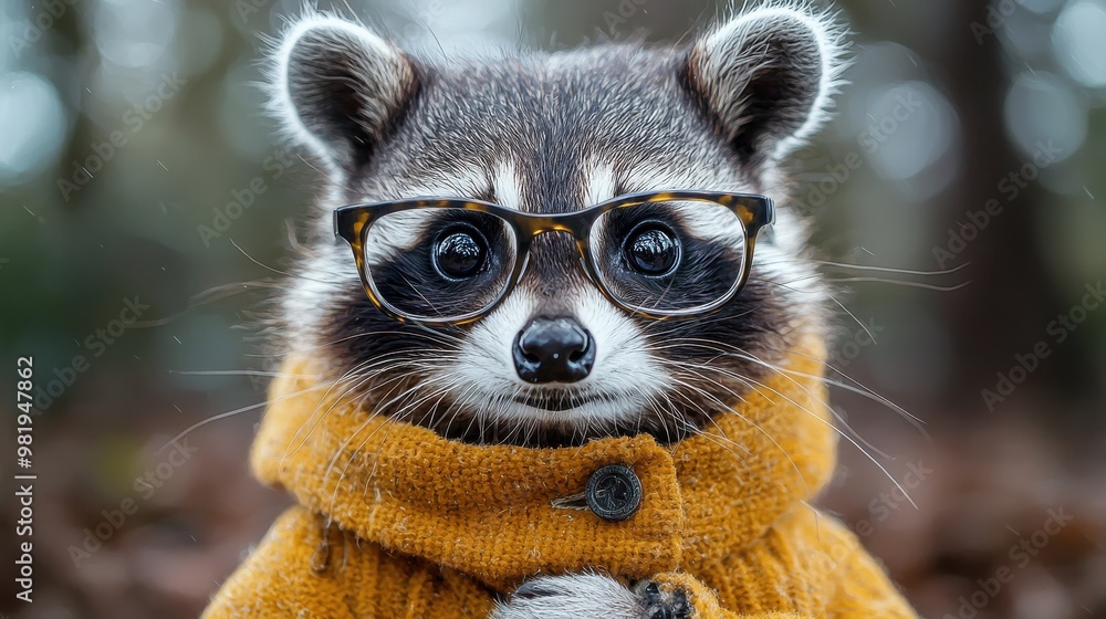 A raccoon wearing glasses and an orange sweater sits in the forest, capturing a playful moment in nature during autumn A raccoon wearing glasses and an orange sweater sits in the forest, capturing a playful moment in nature during autumn