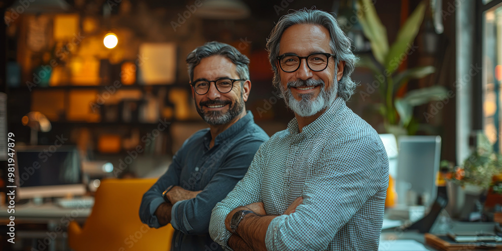 Fototapeta premium Two smiling men in a modern office.