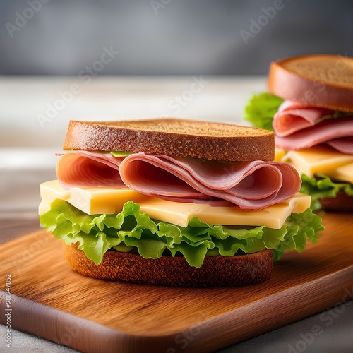 Brown bread sandwich with ham, cheese, and lettuce on a wooden board
 photo