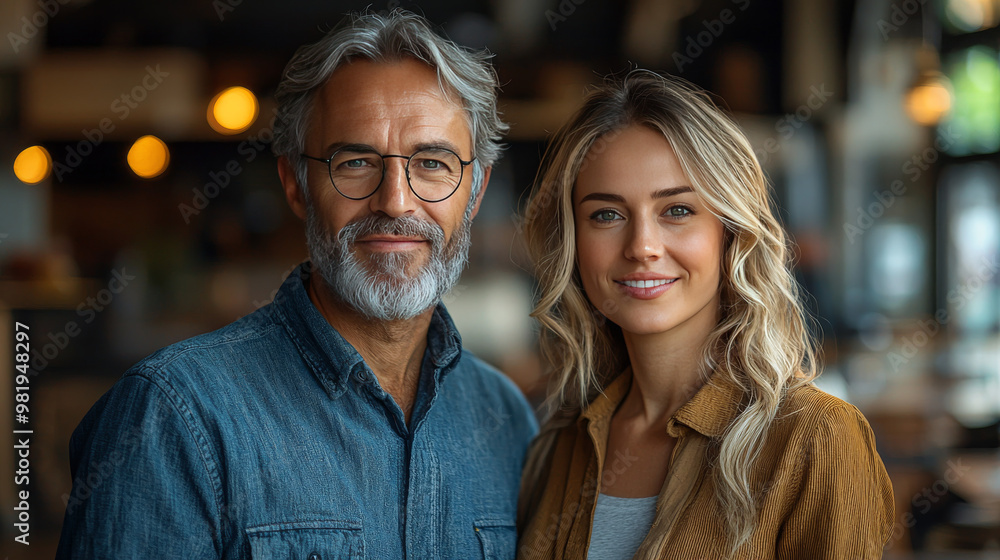 A man and woman smile for the camera, posing together in a cafe. A man and woman smile for the camera, posing together in a cafe.