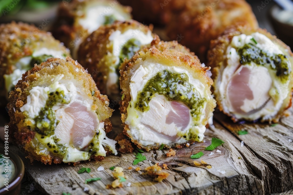Close-Up of Delicious Crispy Chicken Rolls With Pesto Sauce and Cheese, Restaurant Food Photography Close-Up of Delicious Crispy Chicken Rolls With Pesto Sauce and Cheese, Restaurant Food Photography
