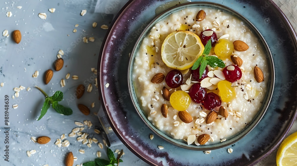 Porridge in a purple dish with nuts and lemon cherries on top Porridge in a purple dish with nuts and lemon cherries on top