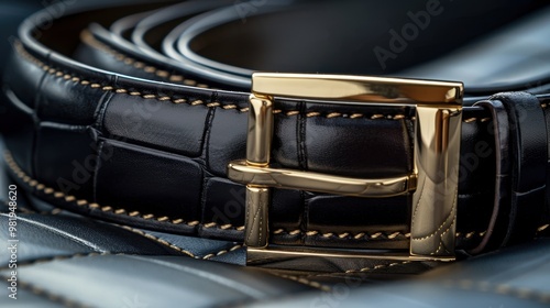 Leather Belt: This elegant black leather belt with a gold rectangular buckle is designed to cinch the waist of dresses or pair seamlessly with jeans for a polished look.
 photo