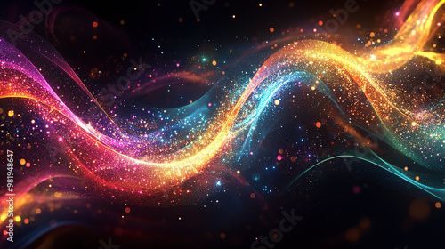 A digital art representation of quantum particles in the foreground, with glowing energy waves and abstract shapes surrounding them on an ethereal background