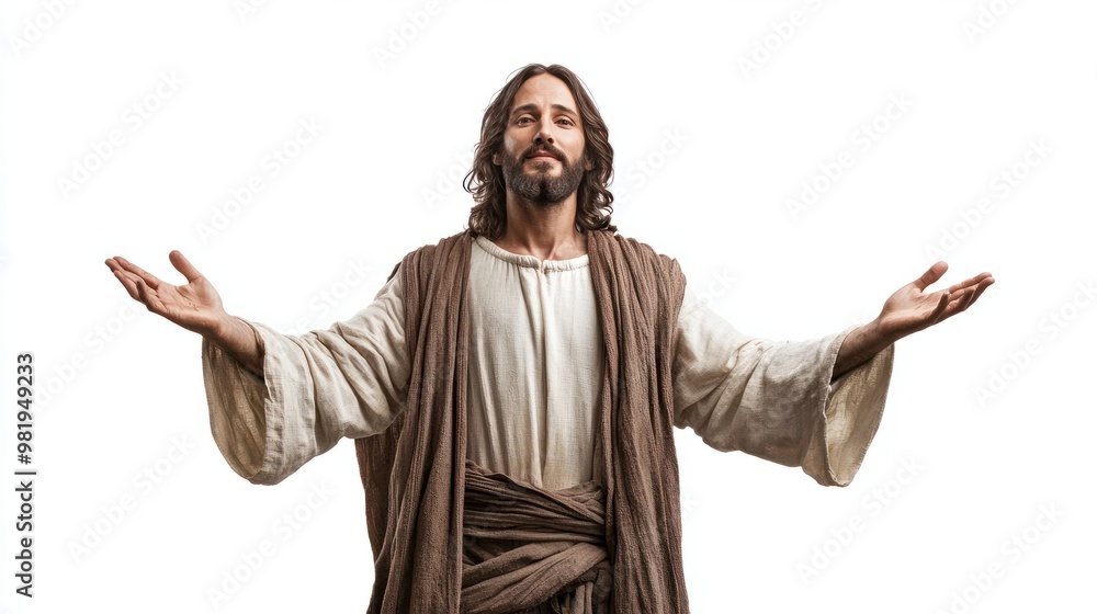 Portrait of Jesus Christ with open arms, wearing traditional robes isolated on white background. Concept of spiritual faith in God in Christianity and Catholicism transparent background Portrait of Jesus Christ with open arms, wearing traditional robes isolated on white background. Concept of spiritual faith in God in Christianity and Catholicism transparent background