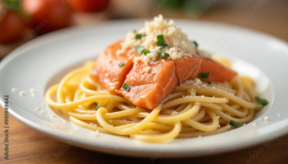 luscious plate of cooked salmon carbonara spaghetti, topped with a generous sprinkle of grated cheese. The dish is delicately arranged on a pristine white plate, resting on a polished wooden table. luscious plate of cooked salmon carbonara spaghetti, topped with a generous sprinkle of grated cheese. The dish is delicately arranged on a pristine white plate, resting on a polished wooden table.