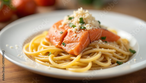 luscious plate of cooked salmon carbonara spaghetti, topped with a generous sprinkle of grated cheese. The dish is delicately arranged on a pristine white plate, resting on a polished wooden table. 