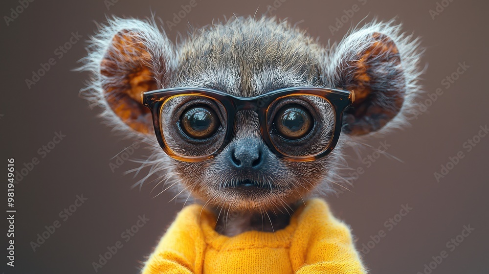 A small animal wearing glasses and a sweater poses for a cute portrait in a neutral setting during the day A small animal wearing glasses and a sweater poses for a cute portrait in a neutral setting during the day