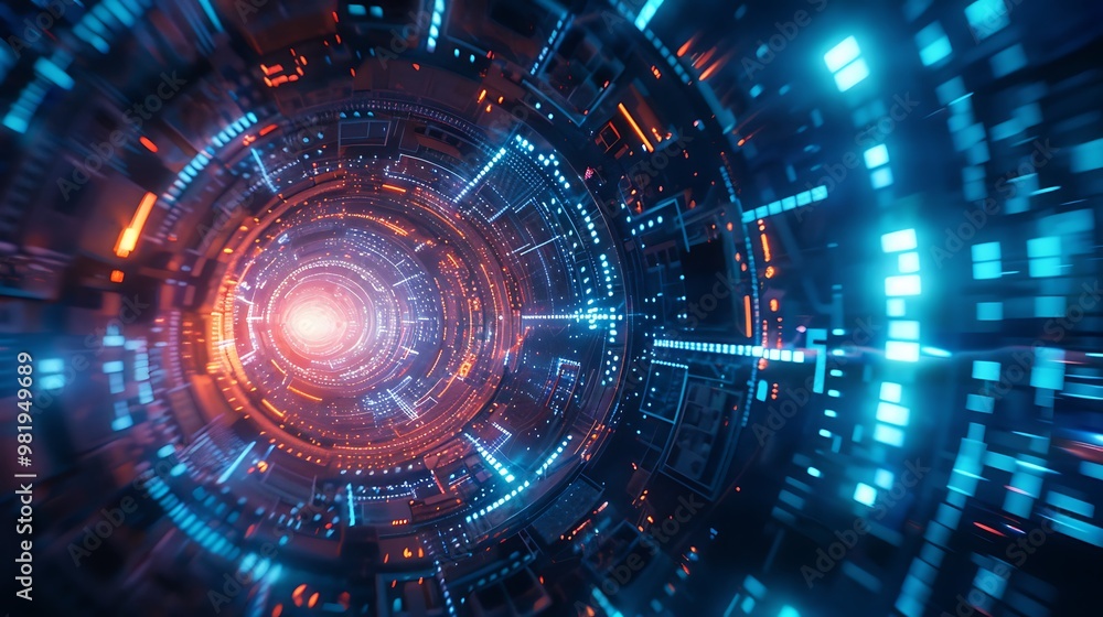 Fototapeta premium Portal technology for virtual Future cyberpunk digital element display in space