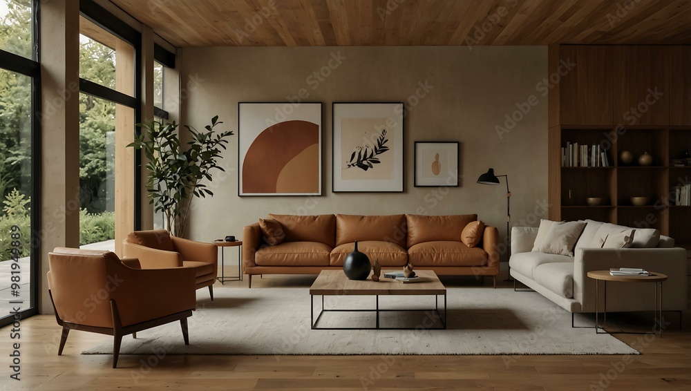 Warm-toned minimalist living room with natural elements. Warm-toned minimalist living room with natural elements.