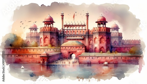 Red fort watercolor style illustration