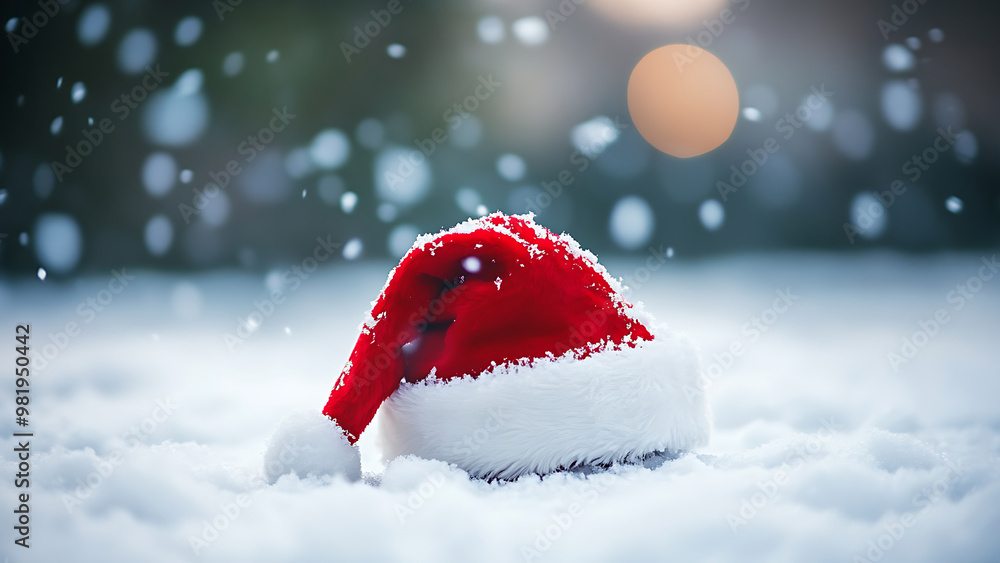 A Santa hat in the snow with a bright sun behind it. A Santa hat in the snow with a bright sun behind it.