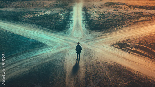 silhouette of person at a fork in the road with teal and brown tones.
