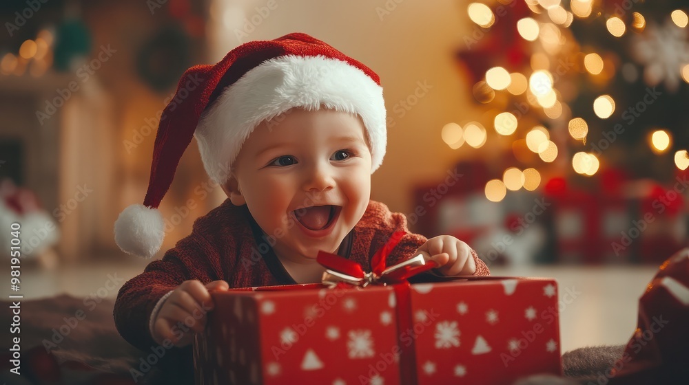 Surprised baby boy opening a Christmas gift box. Generative AI Surprised baby boy opening a Christmas gift box. Generative AI