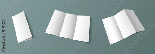 Fold leaflet mockup. Blank trifold paper template. White a4 booklet page design mock up. Triple zigzag pamphlet isolated for realistic business presentation. Empty letterhead cover layout vector