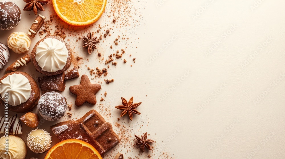 The copy space image features a variety of delectable treats such as gingerbread cookies orange slices truffles and a delightful assortment of dessert spices The copy space image features a variety of delectable treats such as gingerbread cookies orange slices truffles and a delightful assortment of dessert spices