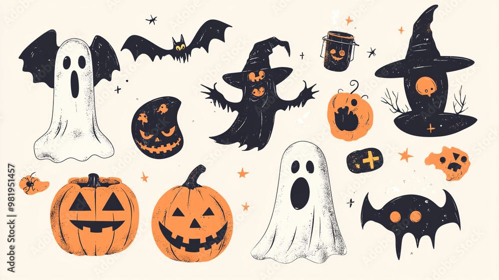 Fototapeta premium Colorful Halloween art with pumpkins, ghosts, witches, and bats in festive designs