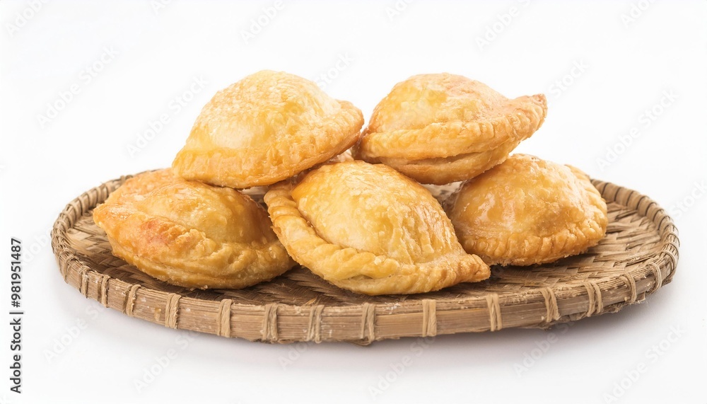 Malaysian Food, Curry Puff on white background isolated. Malaysian Food, Curry Puff on white background isolated.