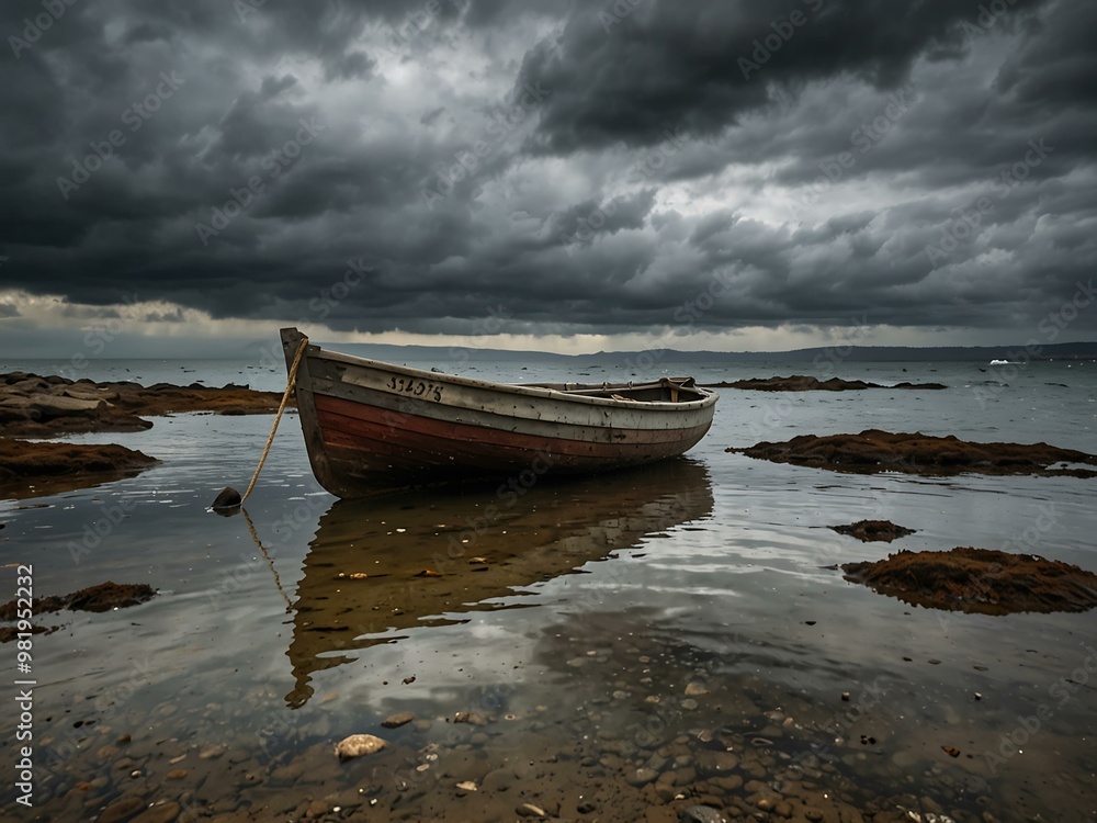 Weathered wooden rowboat on a rocky shore under cloudy skies. Weathered wooden rowboat on a rocky shore under cloudy skies.