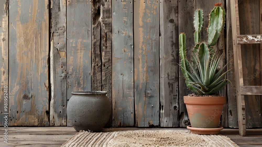 Potted cactus on a rustic timber backdrop with a natural cotton thread mat carpeting Potted cactus on a rustic timber backdrop with a natural cotton thread mat carpeting