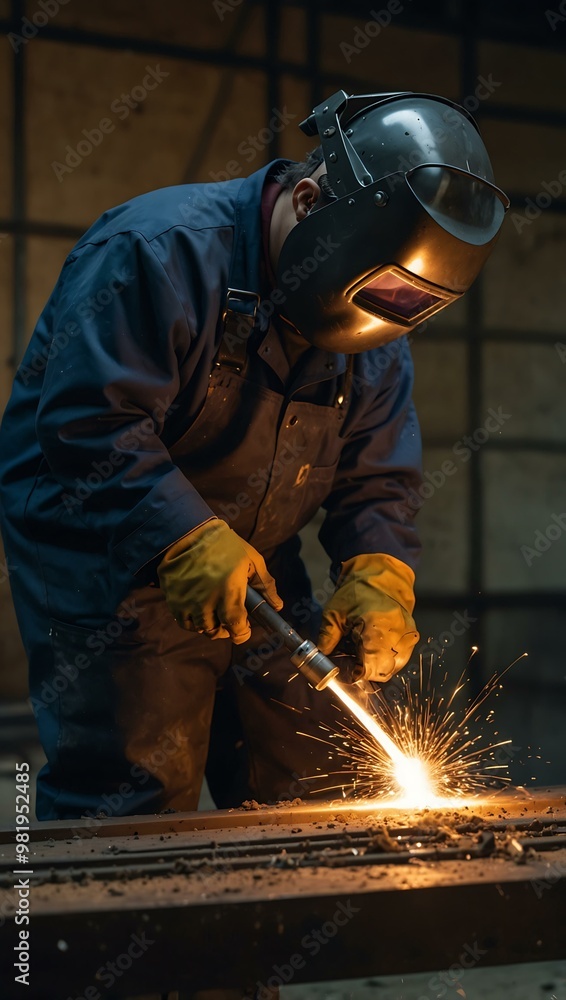 Welder in protective gear focuses on fusing metal beams with a blowtorch. Welder in protective gear focuses on fusing metal beams with a blowtorch.
